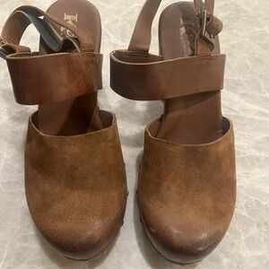 Korks by Kork-Ease Brown Suede Leather Top Strap Slingback Block Heel Clogs 8